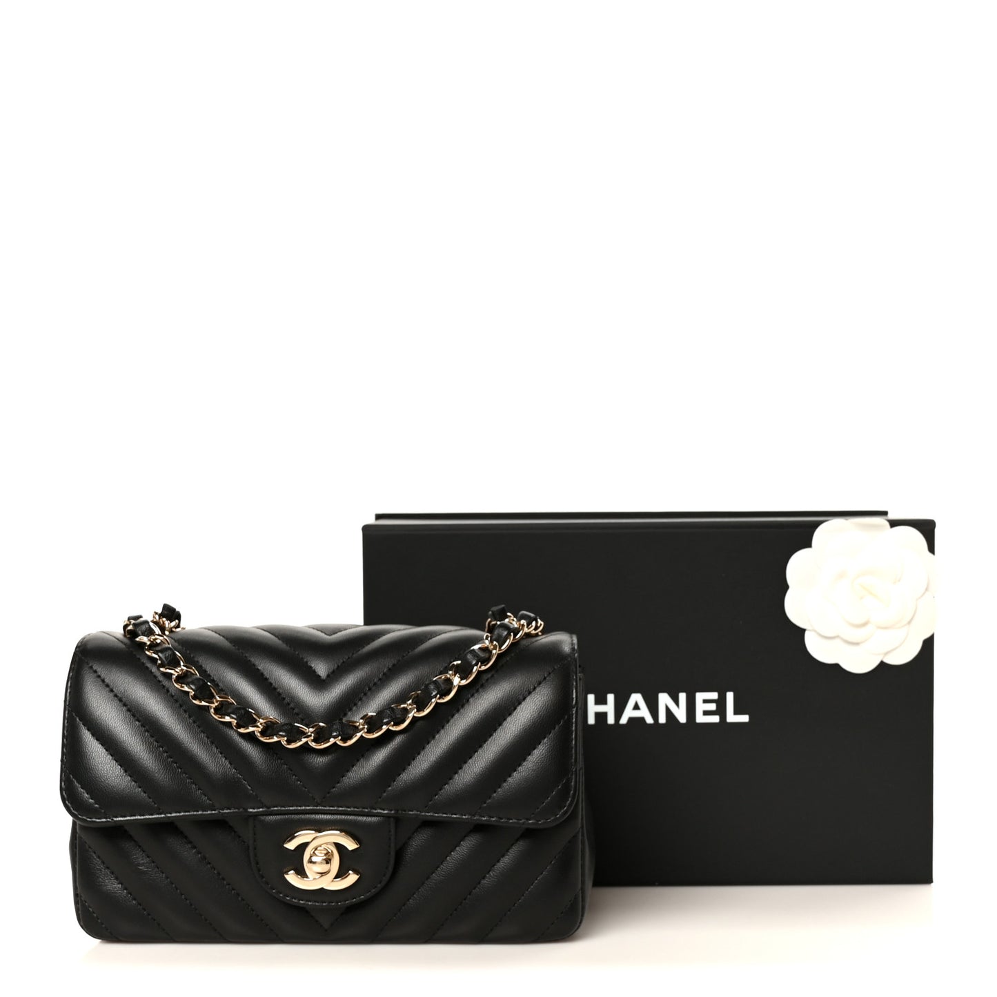 Lambskin Chevron Quilted Mini Rectangular Flap Black