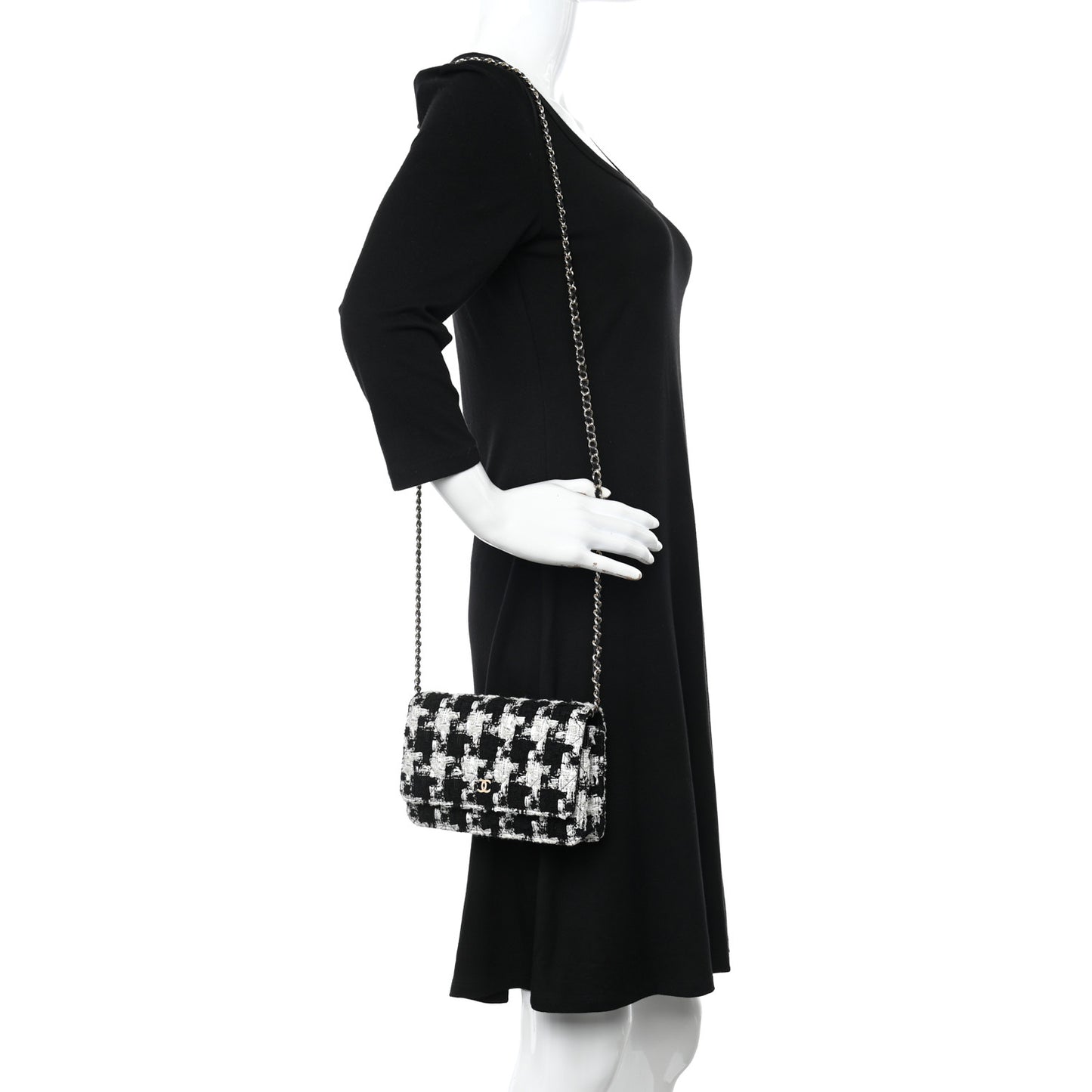 Tweed Quilted Wallet On Chain WOC Black Ecru White