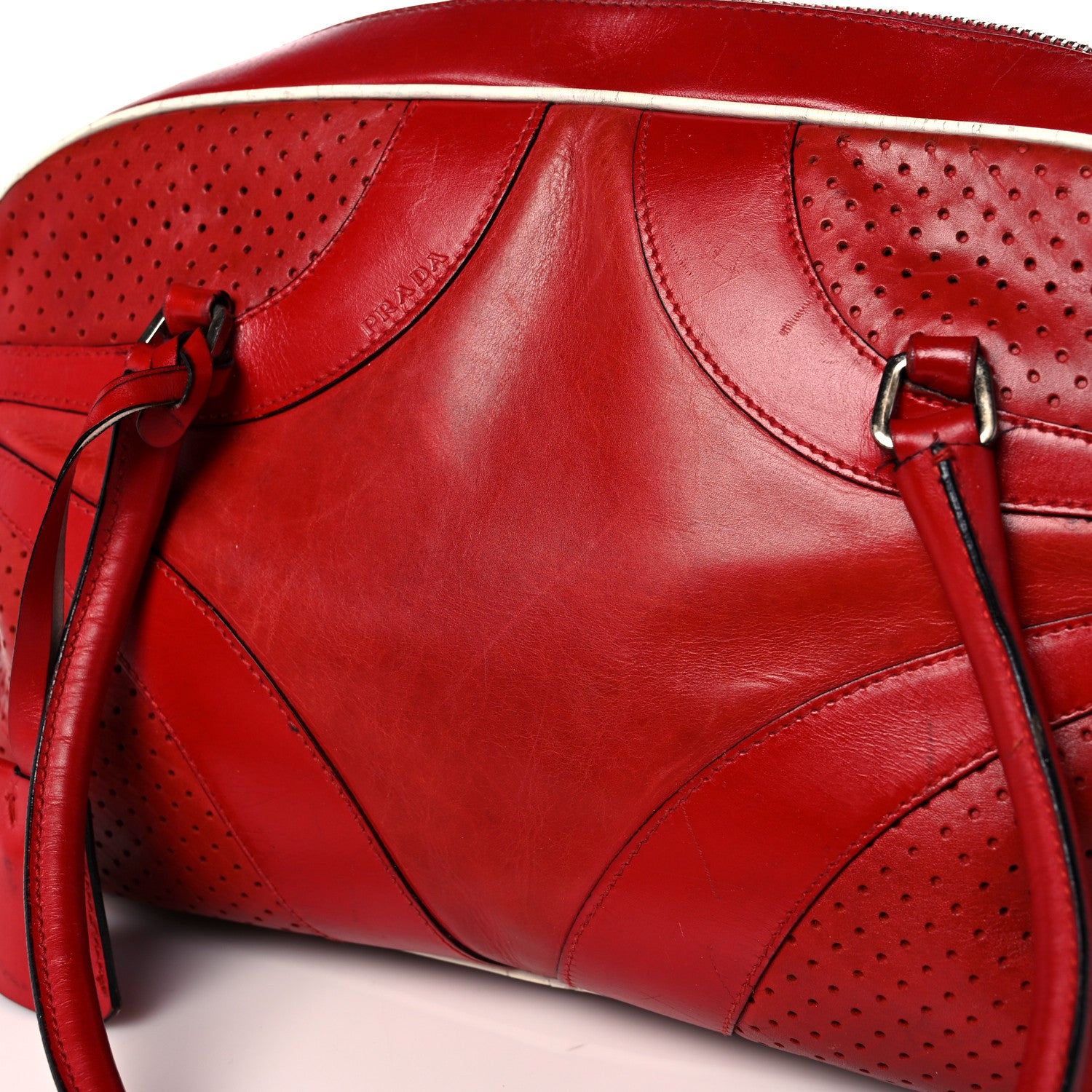 Prada Vitello Drive Perforated Bowling Bag Fuoco 19 of 34