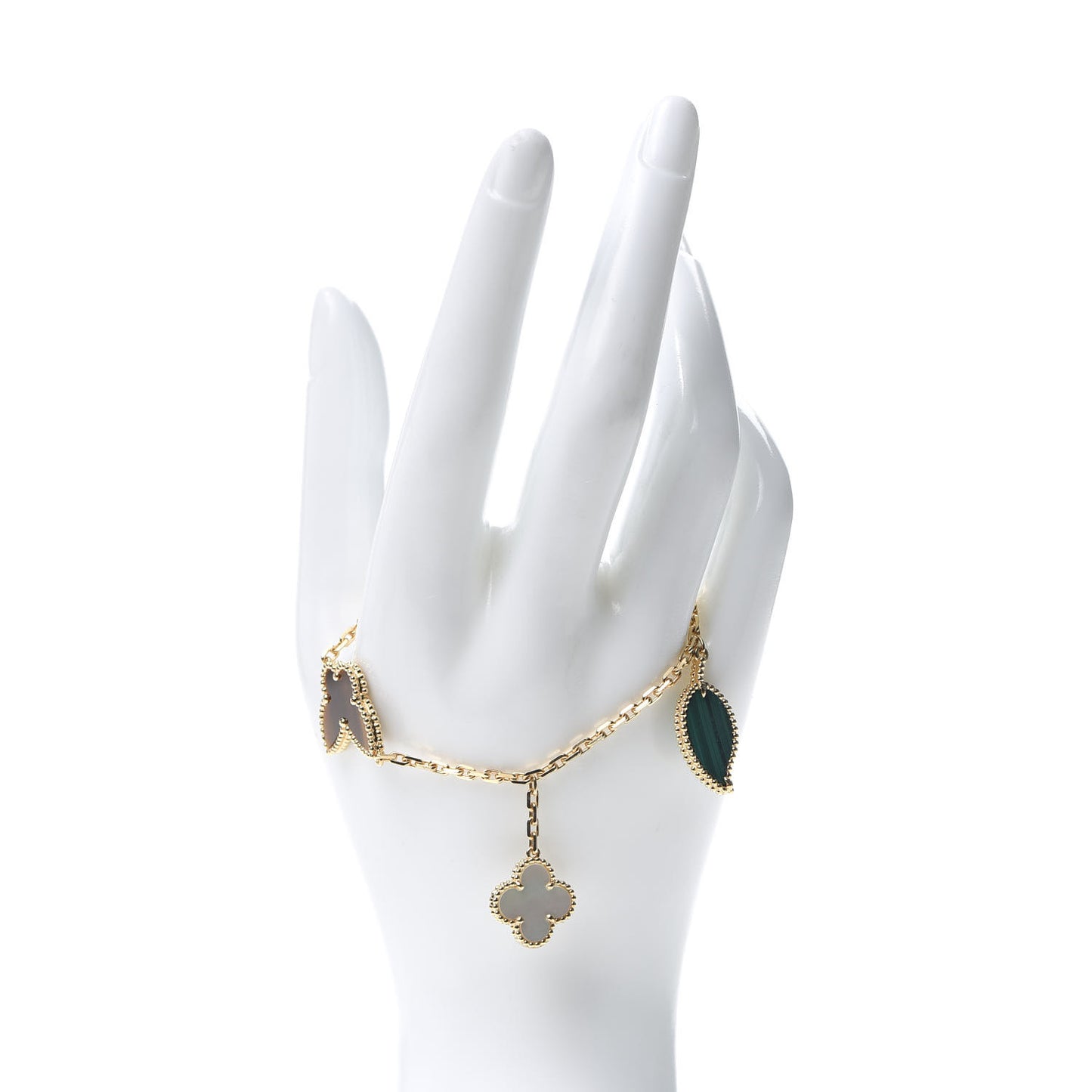 18K Yellow Gold Mother of Pearl Malachite Carnelian Tiger Eye 4 Motifs Lucky Alhambra Bracelet