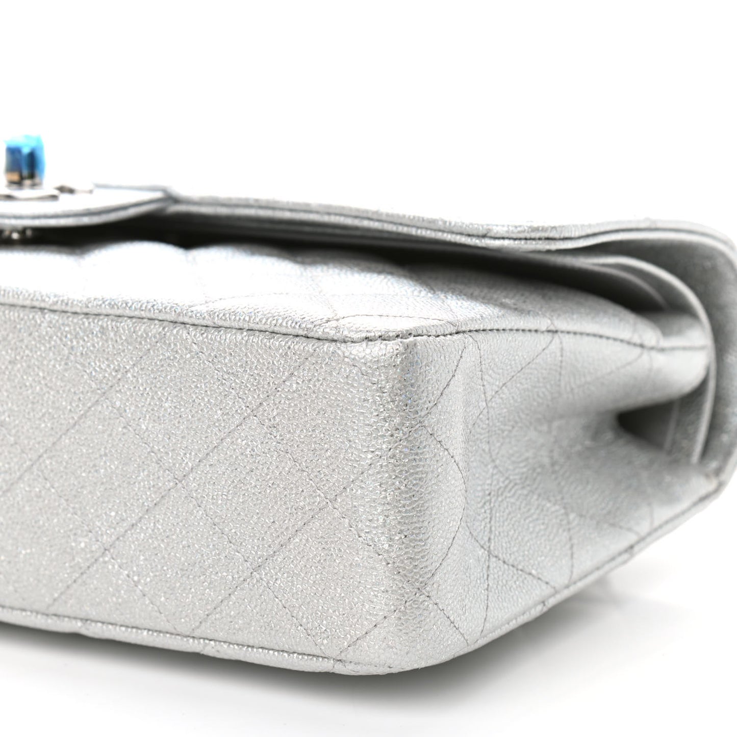 Glittered Metallic Caviar Quilted Medium Double Flap Silver