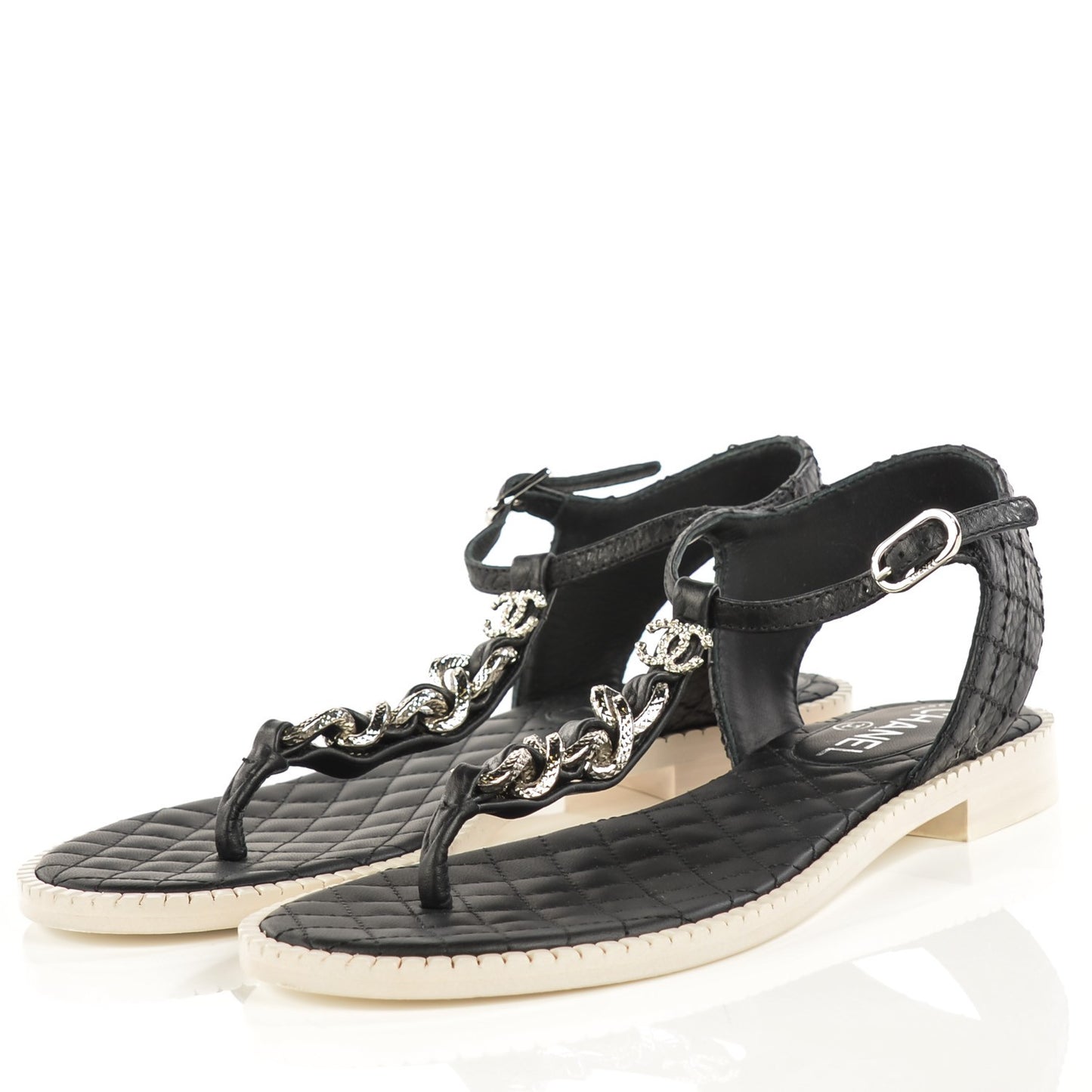 Calfskin CC Chain Thong Sandals 37.5 Black