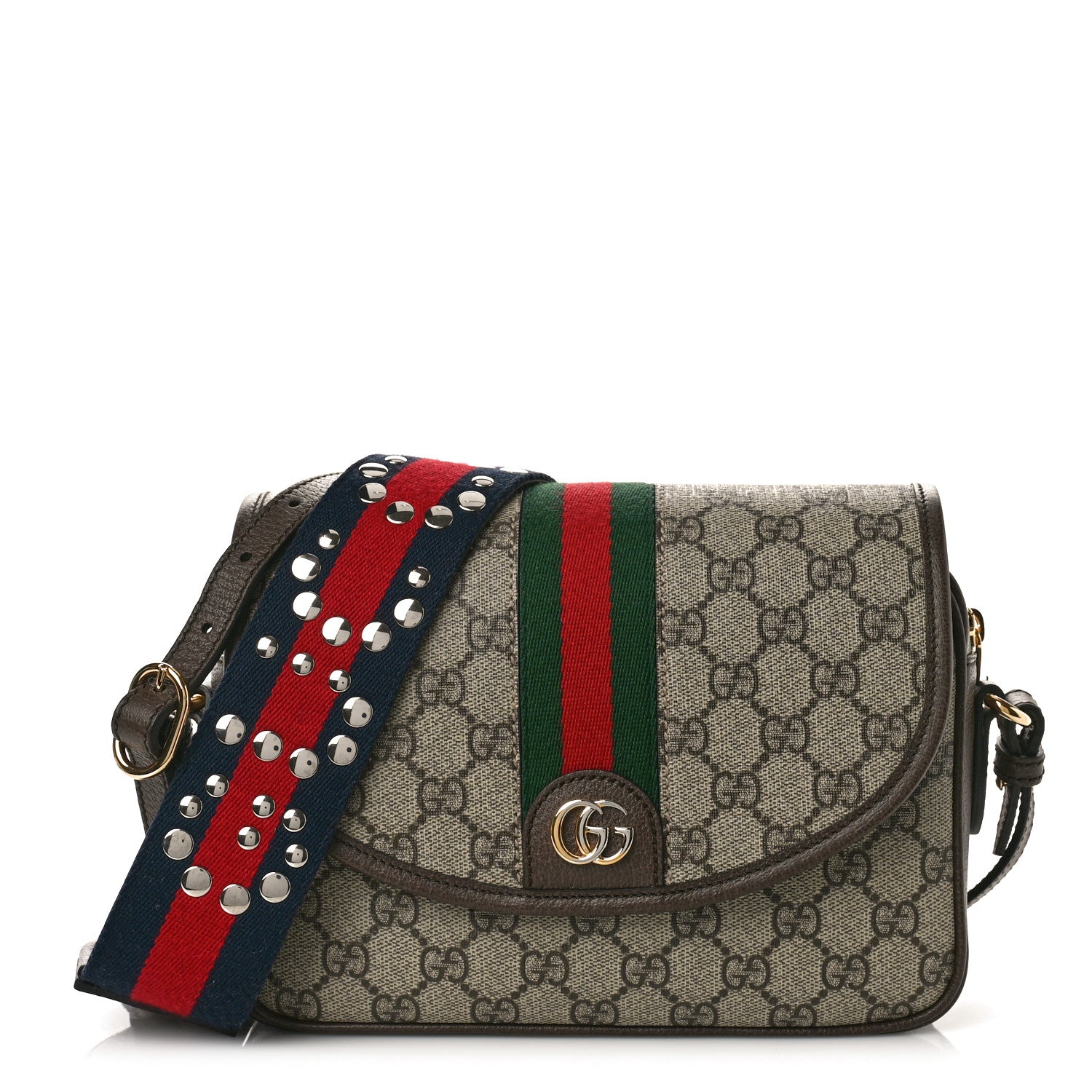 Gucci GG Supreme Monogram Textured Dollar Calfskin Web Studded Mini Ophidia Flap Shoulder Bag Beige Ebony New Acero 1 of 8