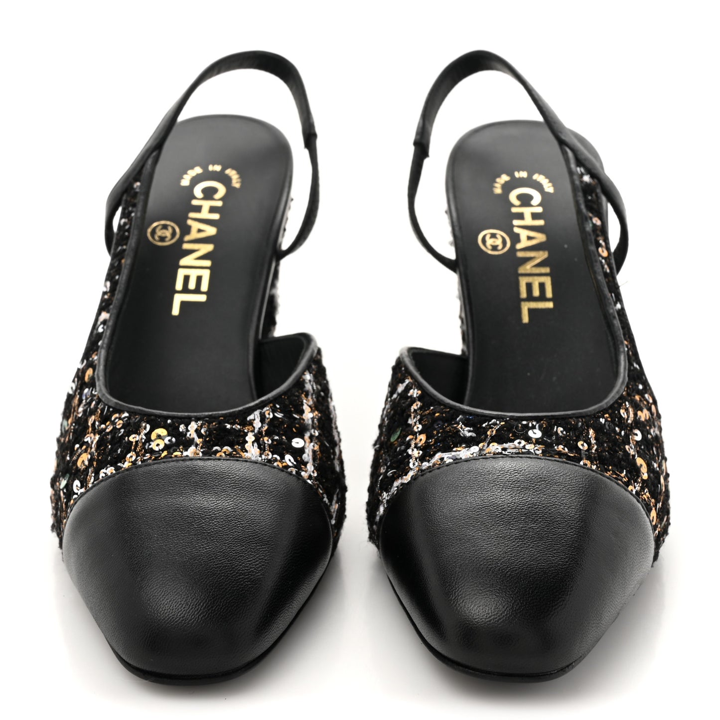 Tweed Sequins Goatskin Cap Toe CC Slingback Pumps 37 Black White Gold