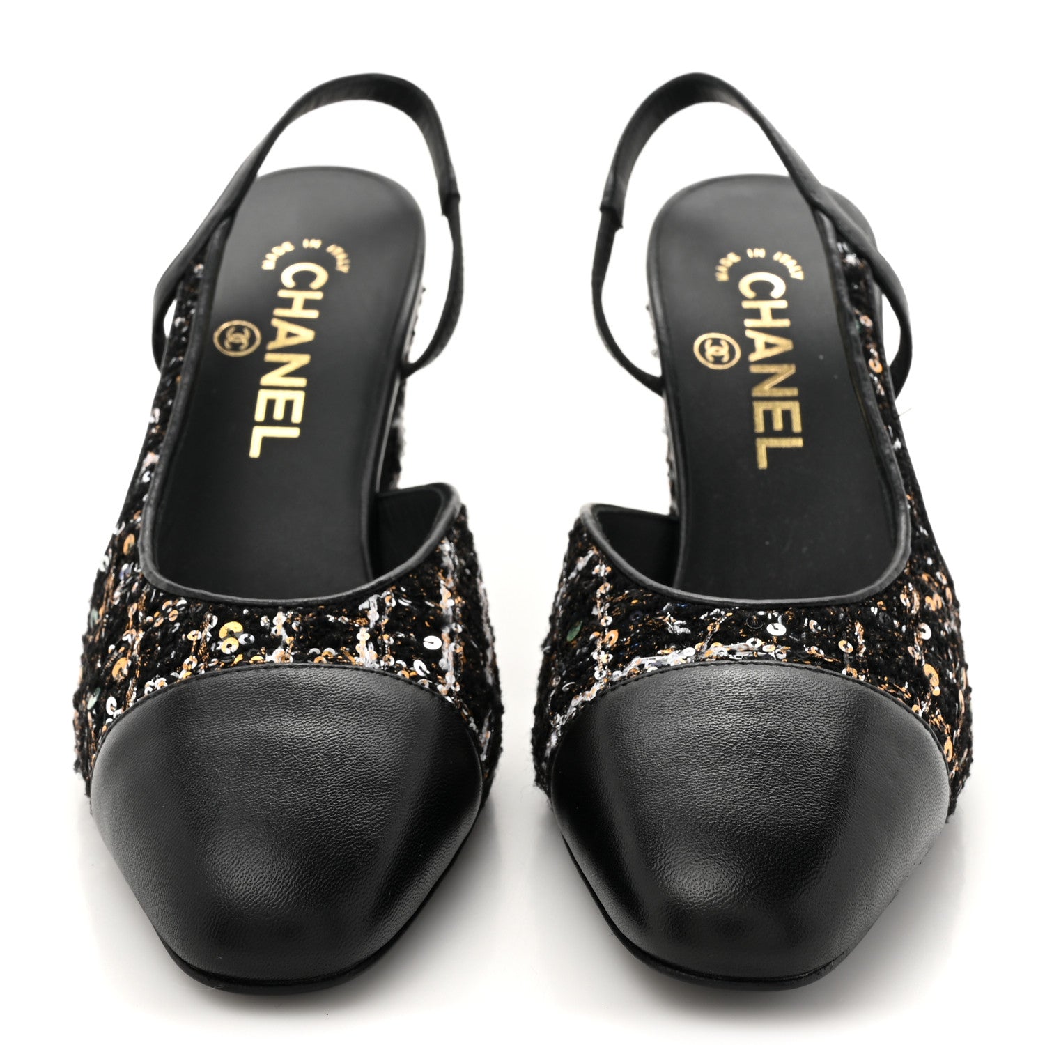 Chanel Tweed Sequins Goatskin Cap Toe CC Slingback Pumps 37 Black White Gold 3 of 10