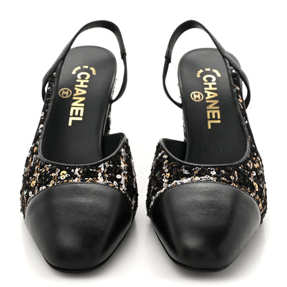 Chanel Tweed Sequins Goatskin Cap Toe CC Slingback Pumps 37 Black White Gold 3 of 10