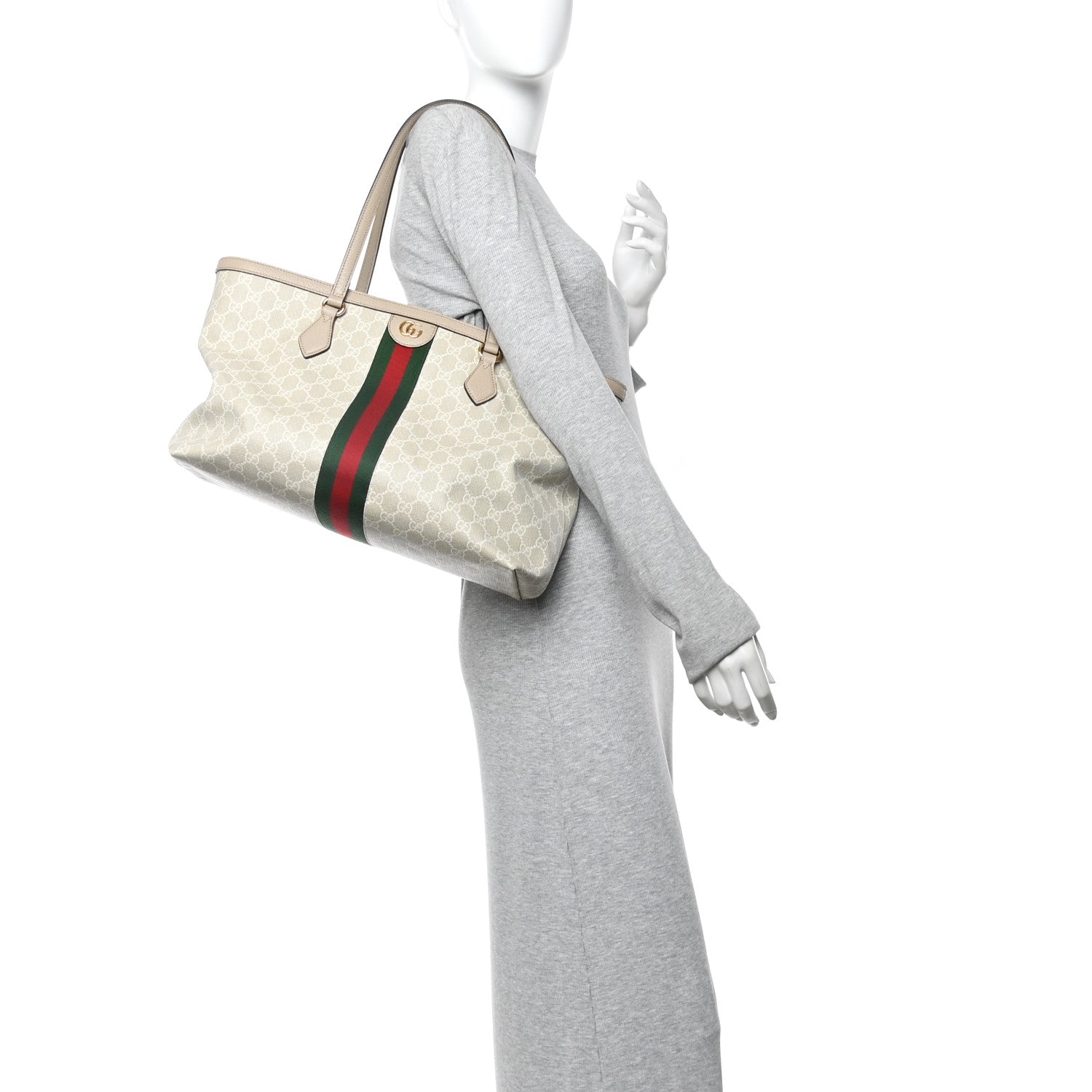 Gucci GG Supreme Monogram Textured Dollar Calfskin Web Large Ophidia Shopping Tote Beige Mystic White Oatmeal 2 of 13