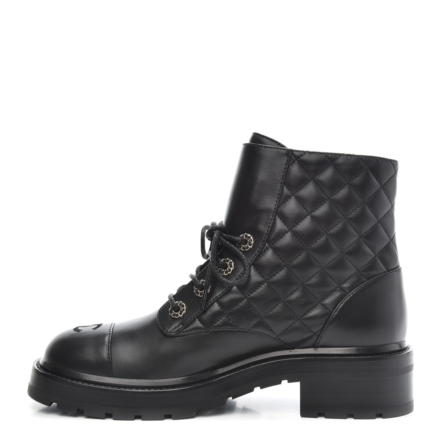 Chanel Shiny Lambskin Quilted Lace Up Combat Boots 39 Black 1 of 10