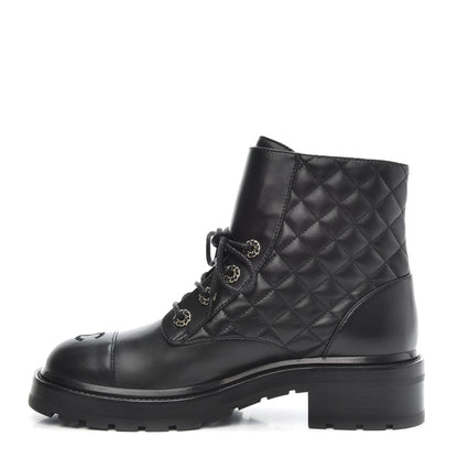 Chanel Shiny Lambskin Quilted Lace Up Combat Boots 39 Black 1 of 10