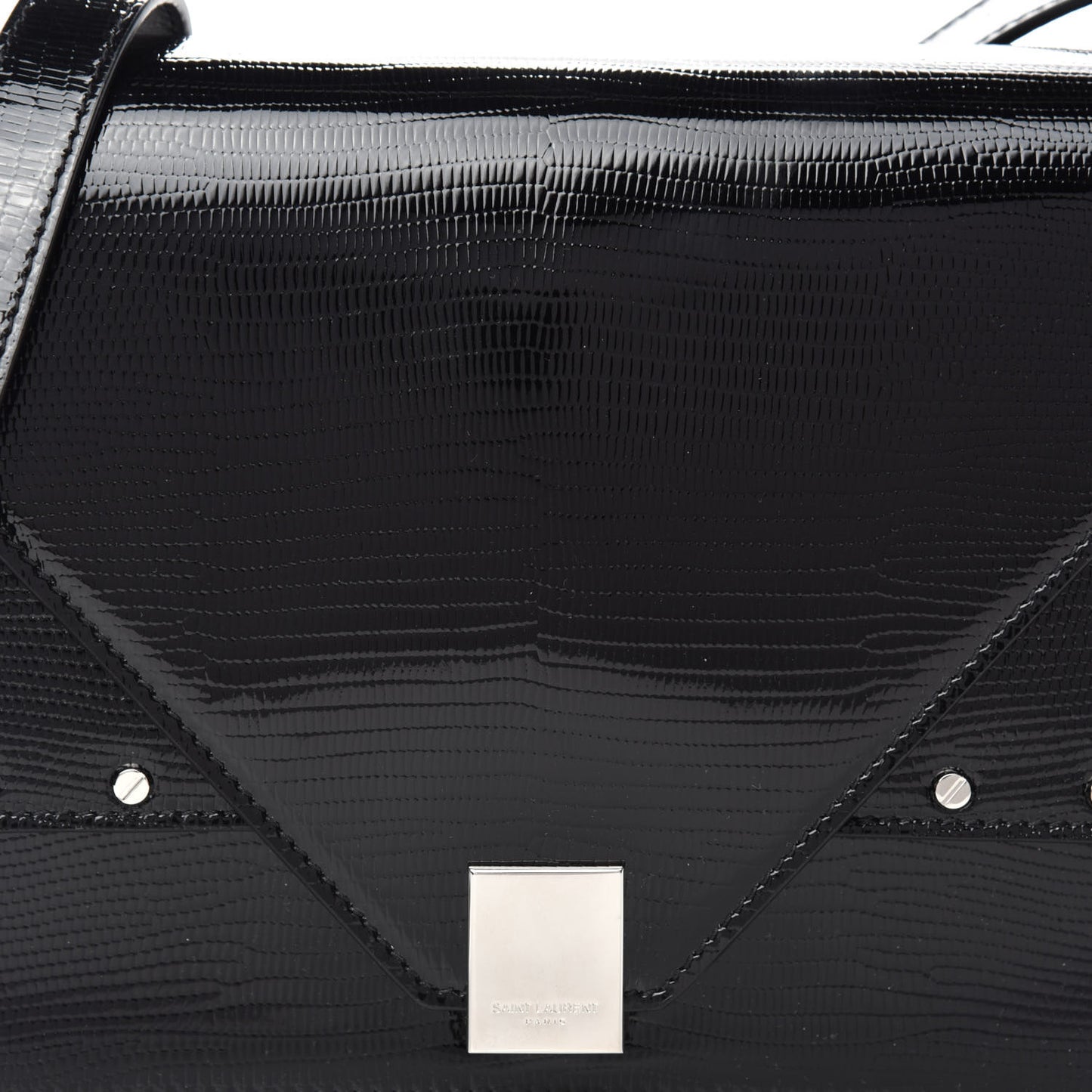Patent Calfskin Lizard Embossed Medium Margaux Shoulder Bag Black