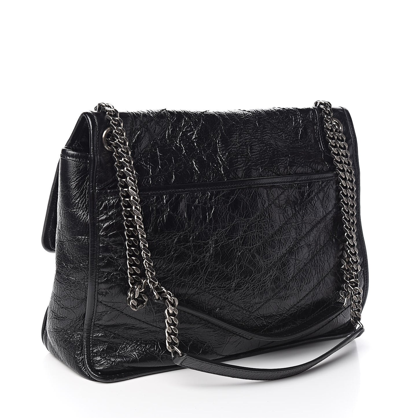 Crinkled Calfskin Matelasse Monogram Large Niki Chain Satchel Black