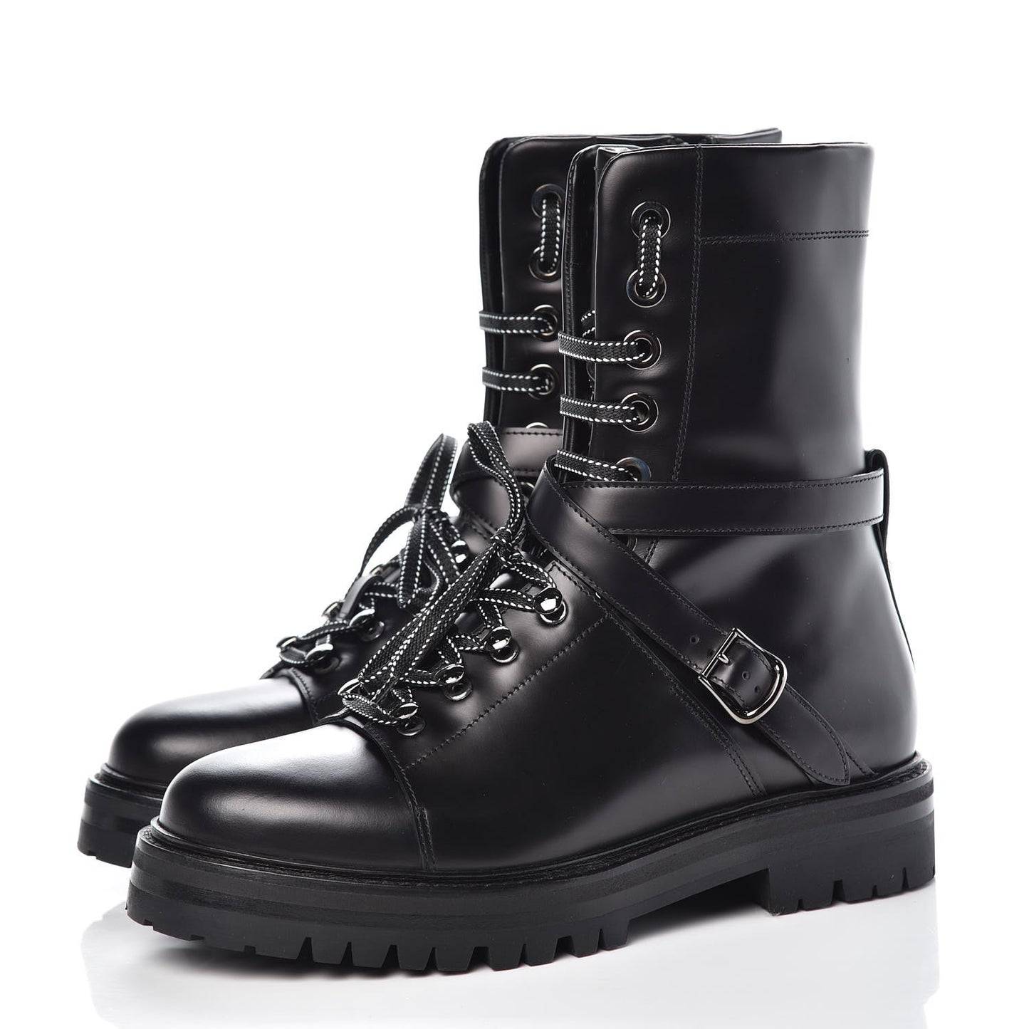 Smooth Calfskin Rockstud Buckled 25mm Combat Boots 38.5 Black