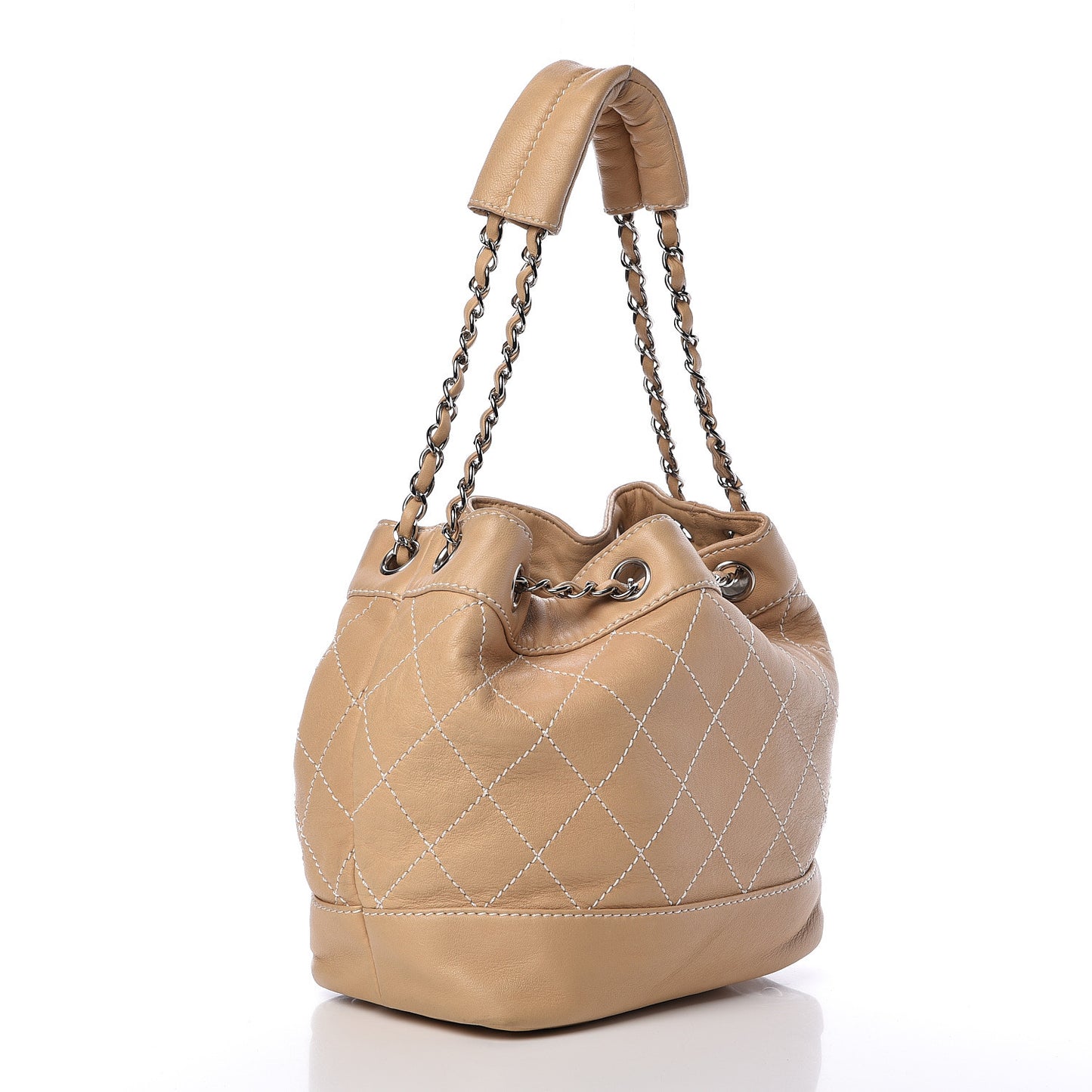 Lambskin Contrast Stitch Small Drawstring Tote Light Beige