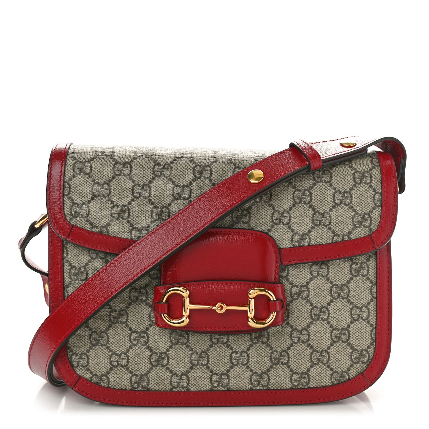 GG Supreme Monogram Azalea Calfskin Horsebit 1955 Shoulder Bag Beige Ebony New Cherry Red