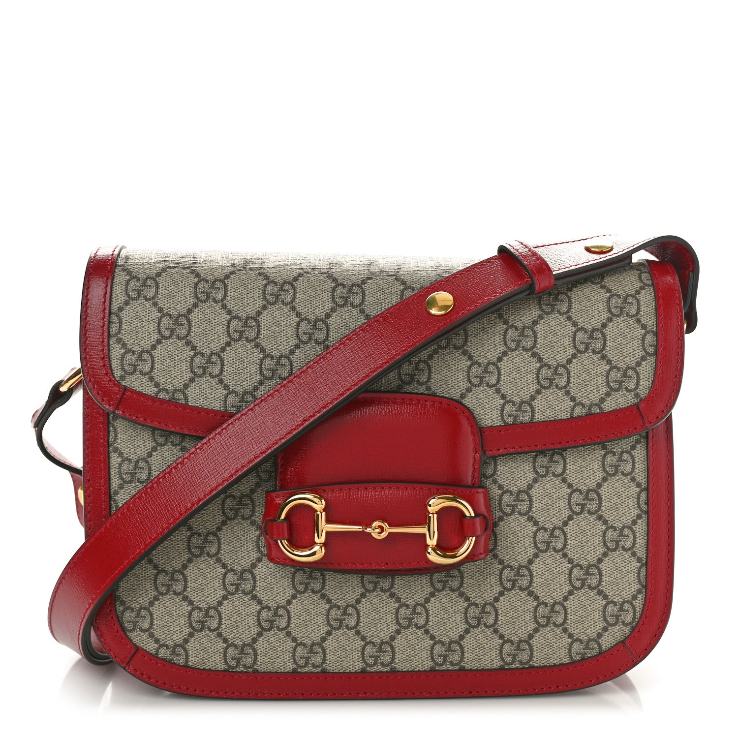 Gucci GG Supreme Monogram Azalea Calfskin Horsebit 1955 Shoulder Bag Beige Ebony New Cherry Red 1 of 10