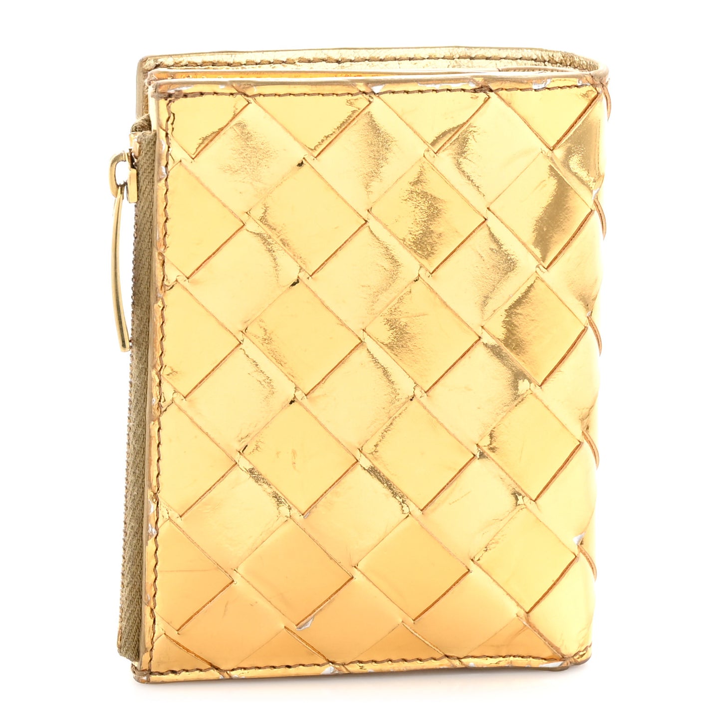 Mirror Laminated Nappa Intrecciato Small Bi-Fold Zip Wallet Gold