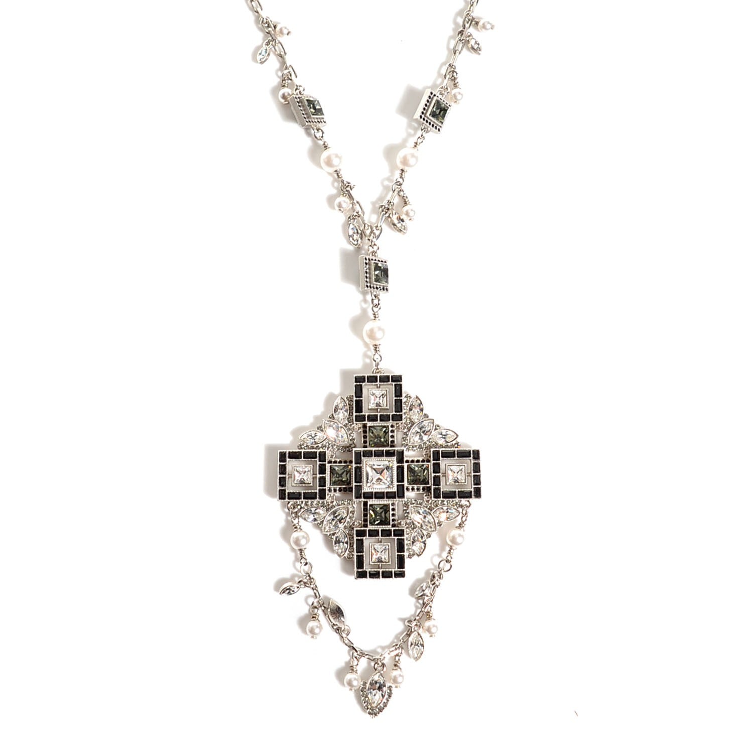 Chanel Crystal Baguette Pearl Maltese Cross Necklace Black Silver 1 of 5