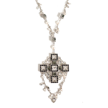 Chanel Crystal Baguette Pearl Maltese Cross Necklace Black Silver 1 of 5