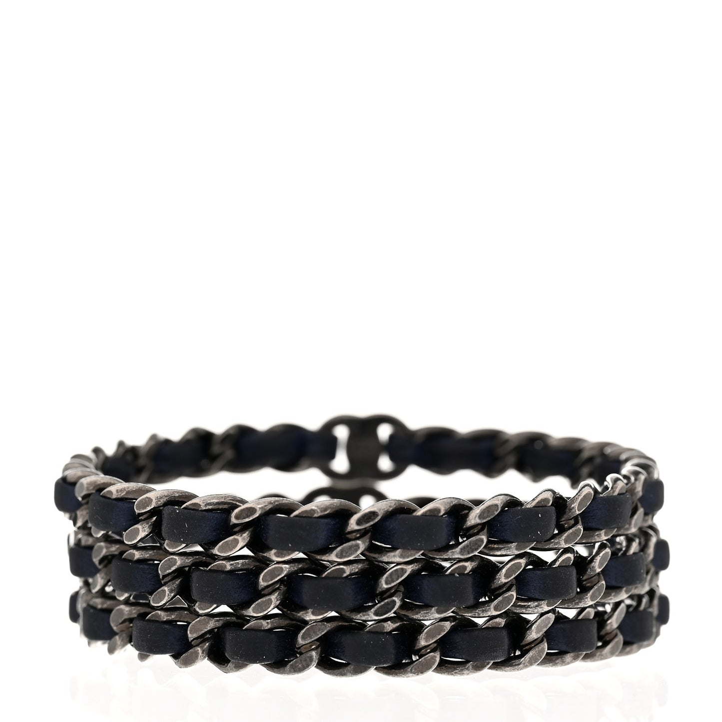 Lambskin Ruthenium Chain CC Bangle Bracelets Set of 3 Navy