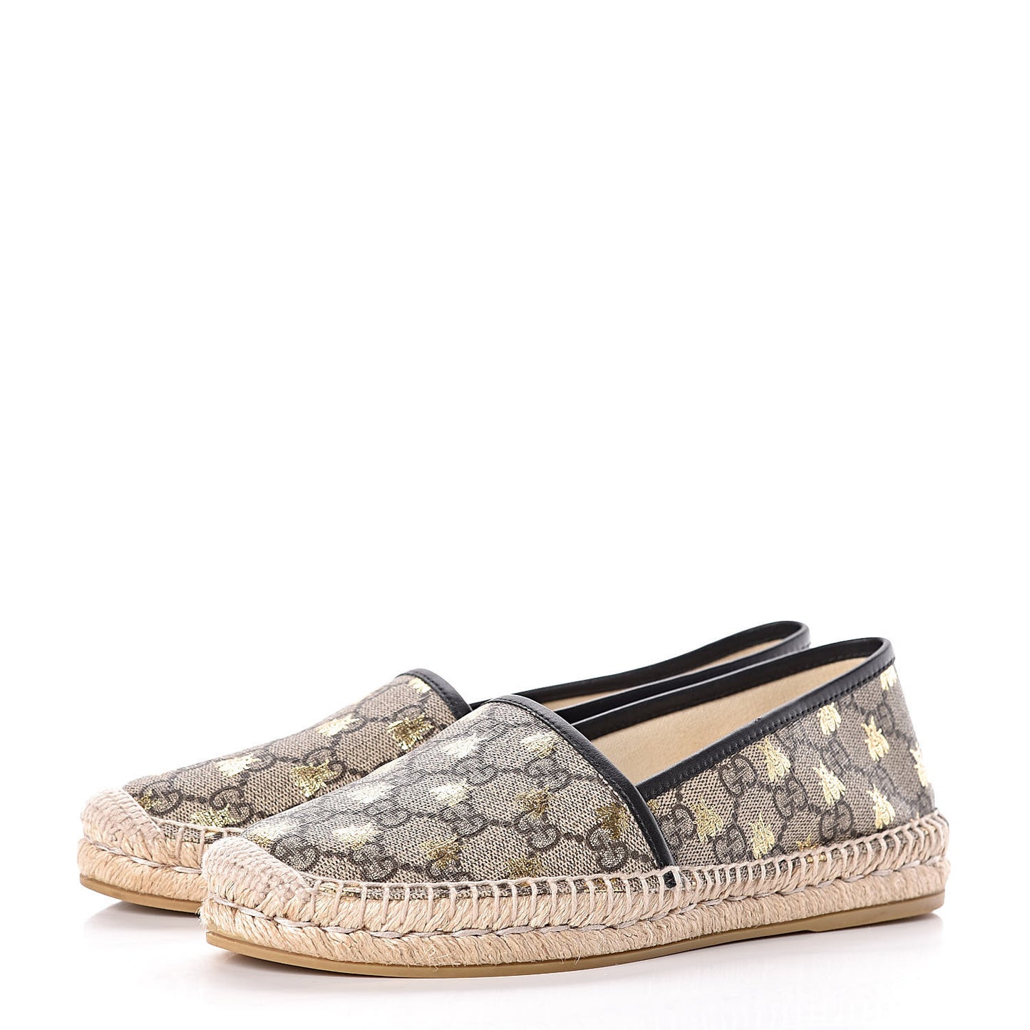 GG Supreme Monogram Bees Espadrille Flats 38 Beige Ebony Oro Black
