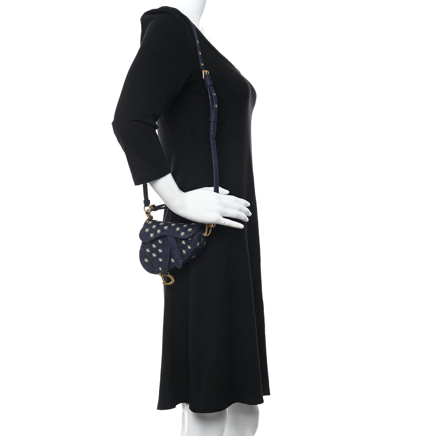 Denim Embroidered Micro Saddle Bag With Strap Blue Gold