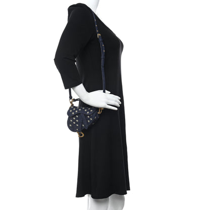 Christian Dior Denim Embroidered Micro Saddle Bag With Strap Blue Gold 2 of 9