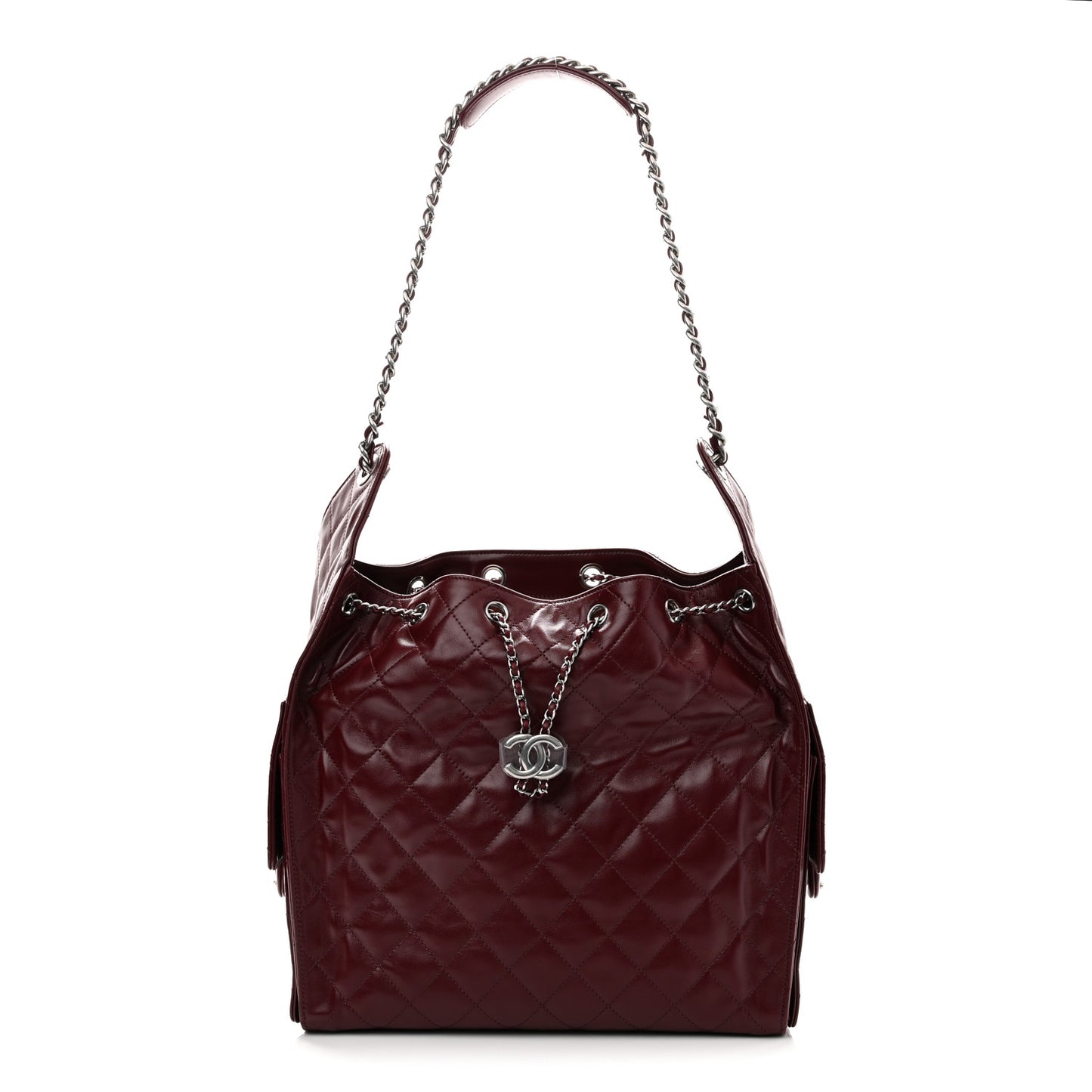Shiny Crumpled Calfskin Quilted Medium Chanel 25 Handbag Dark Burgundy