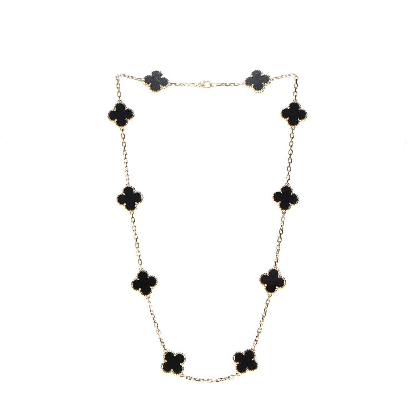 18K Yellow Gold Black Onyx 10 Motifs Vintage Alhambra Necklace