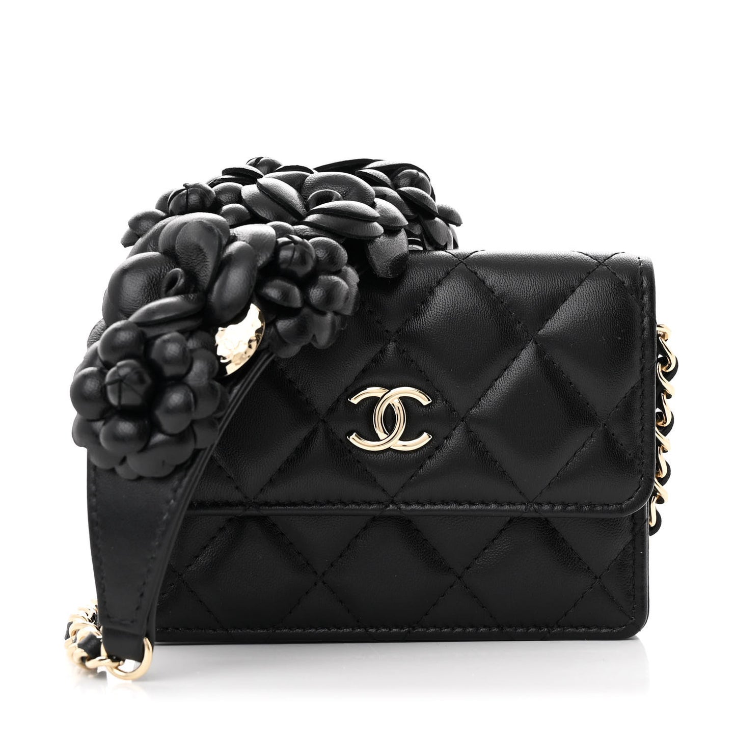 Lambskin Quilted Camellia Card Holder On Chain Black