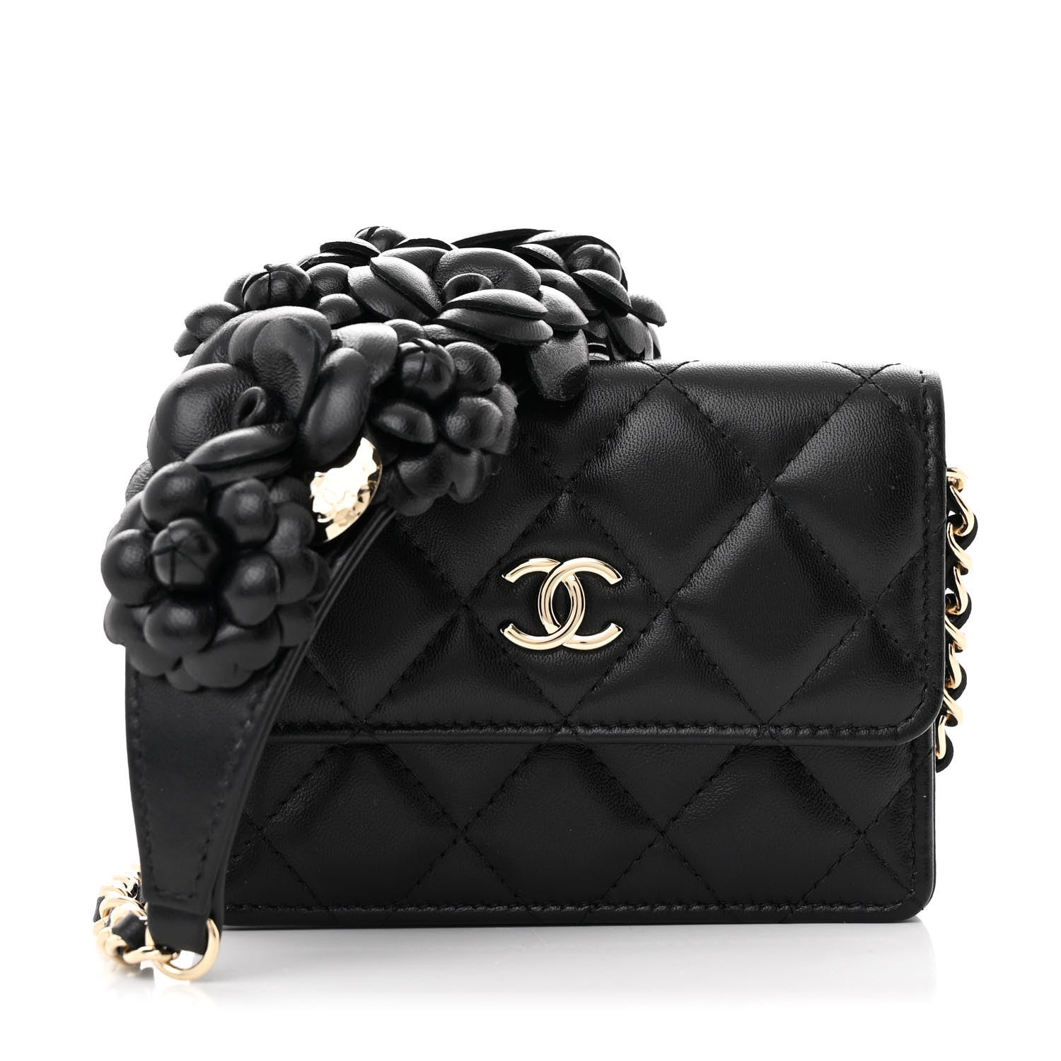 Chanel Lambskin Quilted Camellia Card Holder On Chain Black 1 of 12
