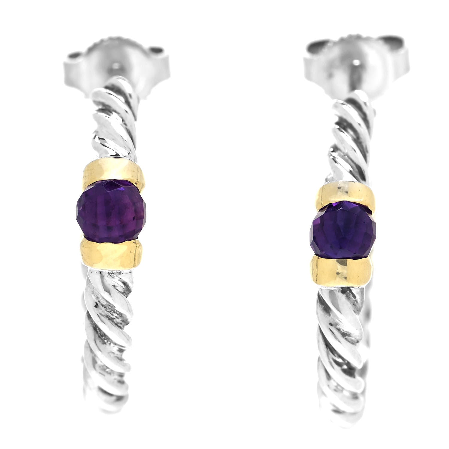 David Yurman Sterling Silver 14K Yellow Gold Amethyst Metro Hoop Earrings 1 of 4