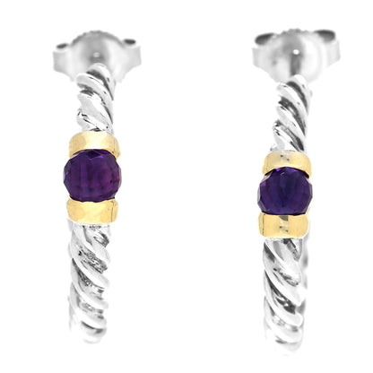 David Yurman Sterling Silver 14K Yellow Gold Amethyst Metro Hoop Earrings 1 of 4