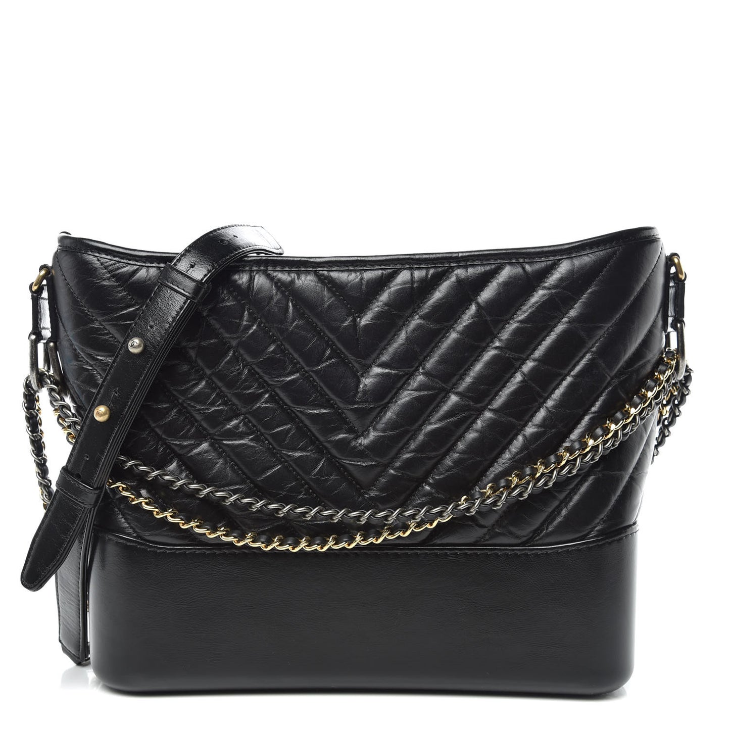 Aged Calfskin Chevron Quilted Medium Gabrielle Hobo Black