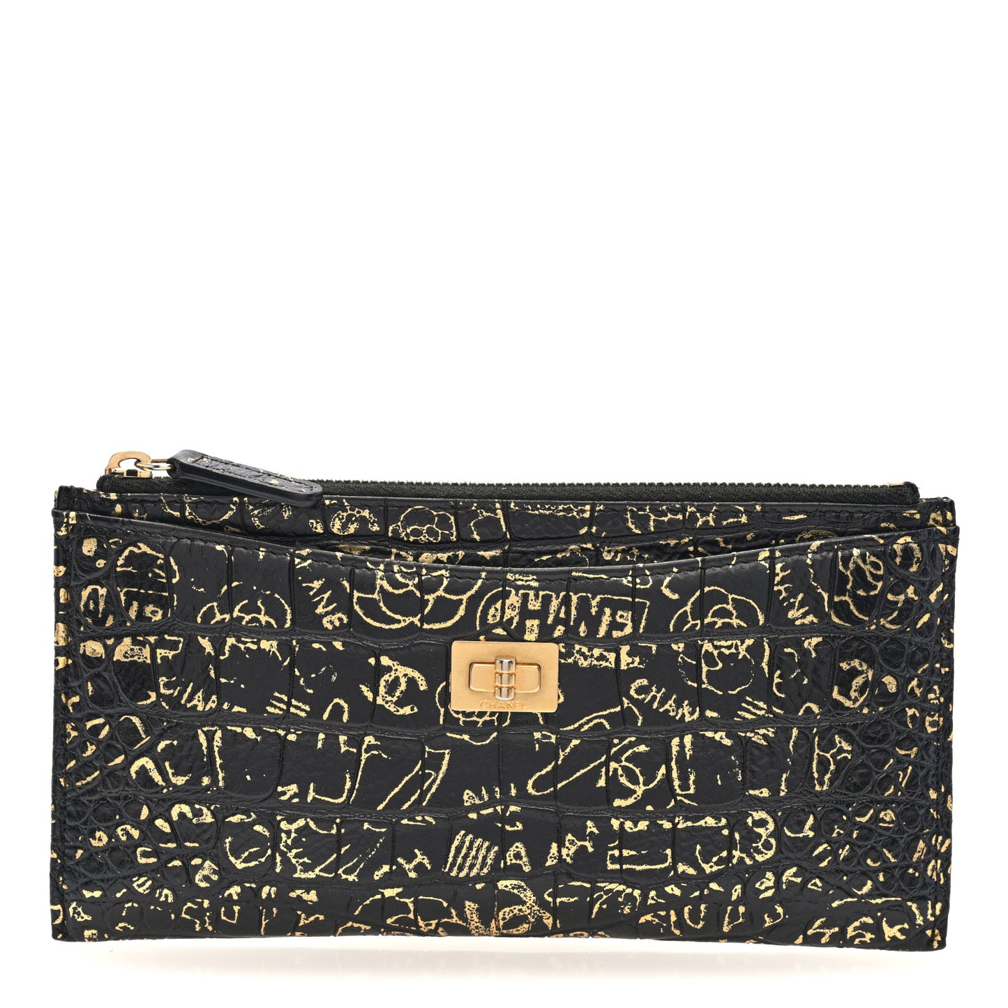 Calfskin Crocodile Embossed Graffiti 2.55 Cocodile Reissue Zip Pouch Black Gold