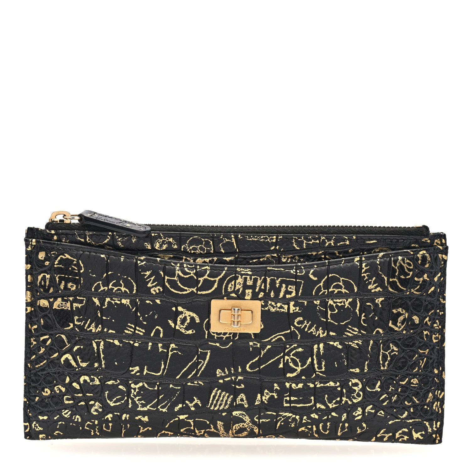 Chanel Calfskin Crocodile Embossed Graffiti 2.55 Cocodile Reissue Zip Pouch Black Gold 1 of 7