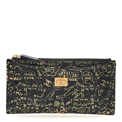 Chanel Calfskin Crocodile Embossed Graffiti 2.55 Cocodile Reissue Zip Pouch Black Gold 1 of 7