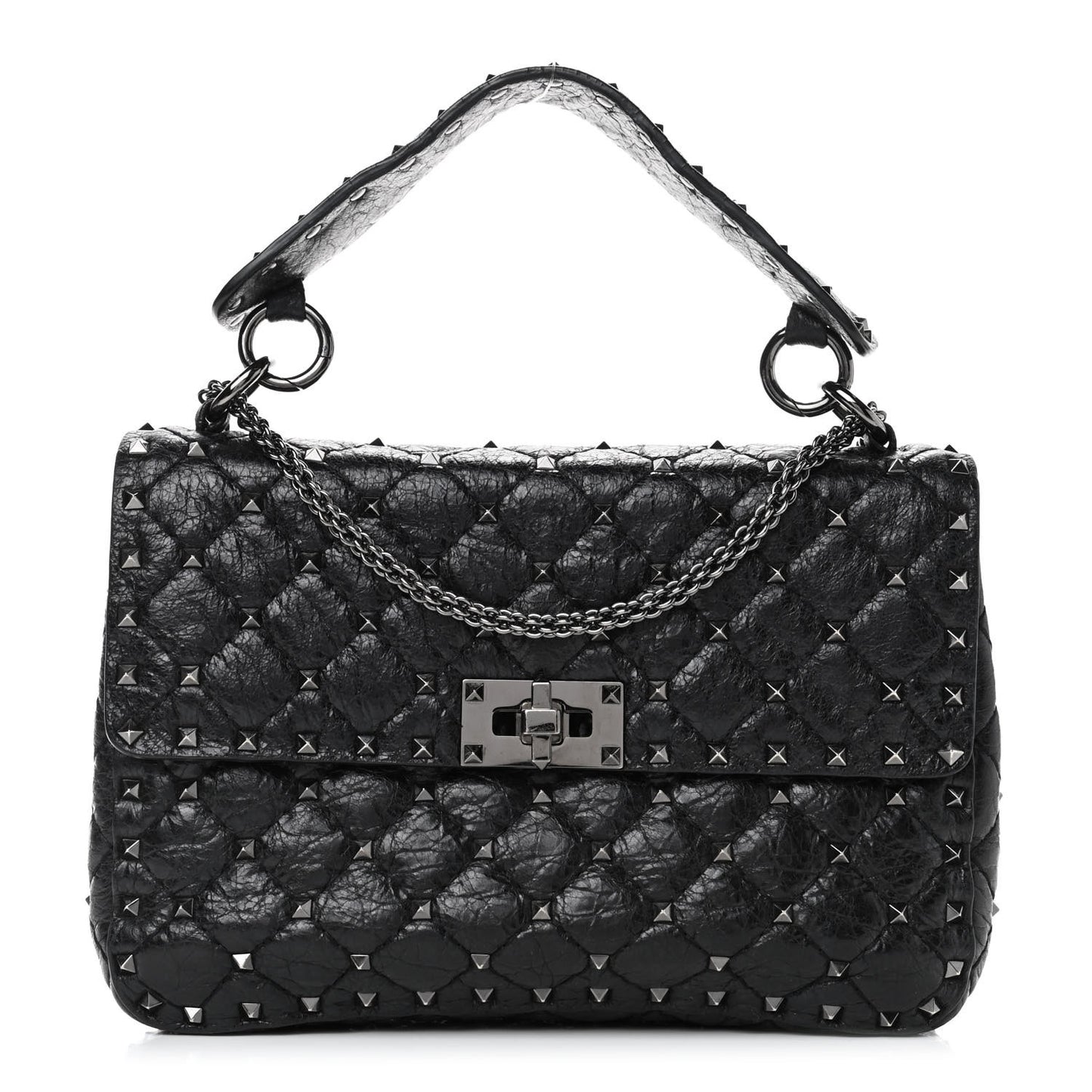 Craquele Nappa Medium Rockstud Spike Shoulder Bag Black