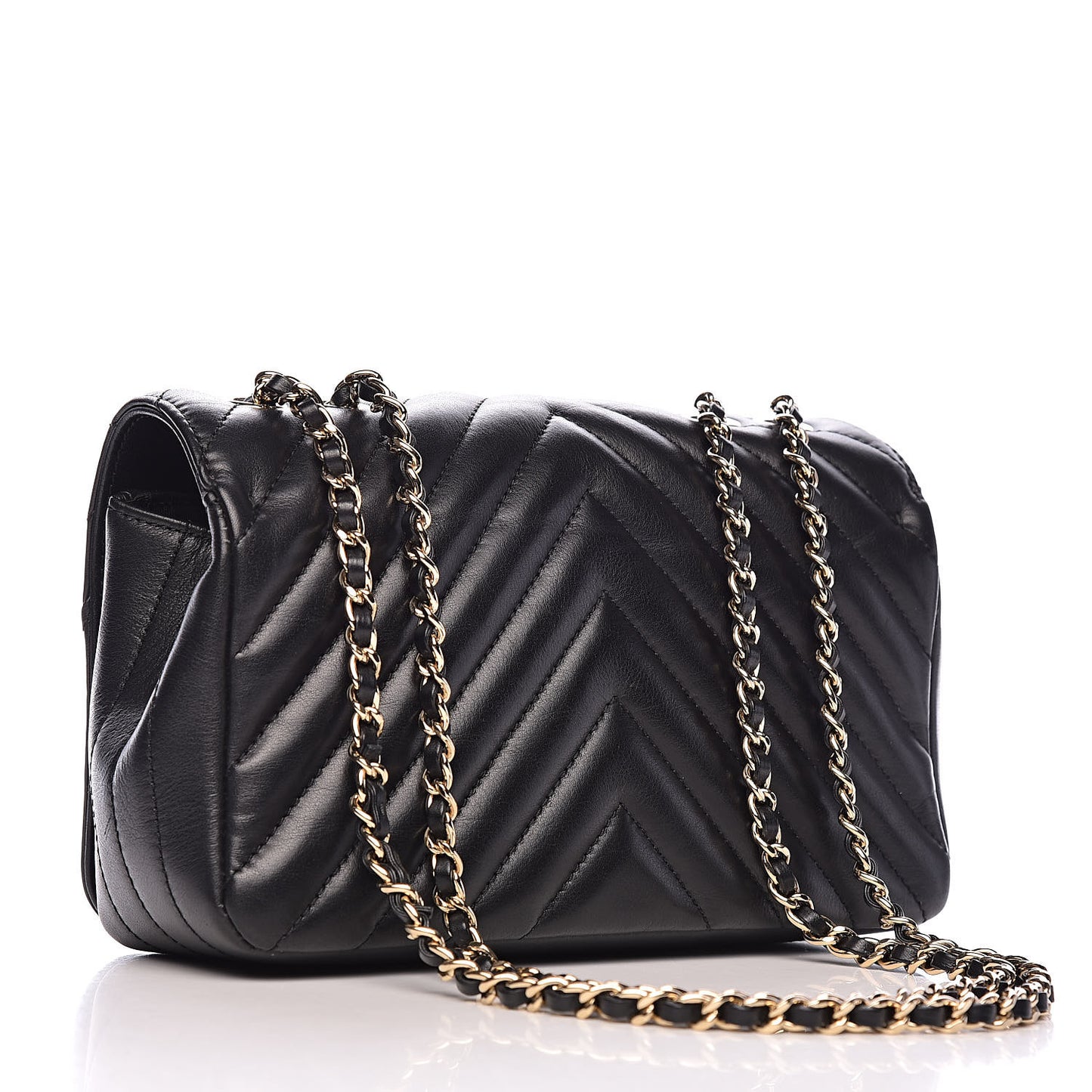 Calfskin Chevron Quilted Mini Statement Flap Black