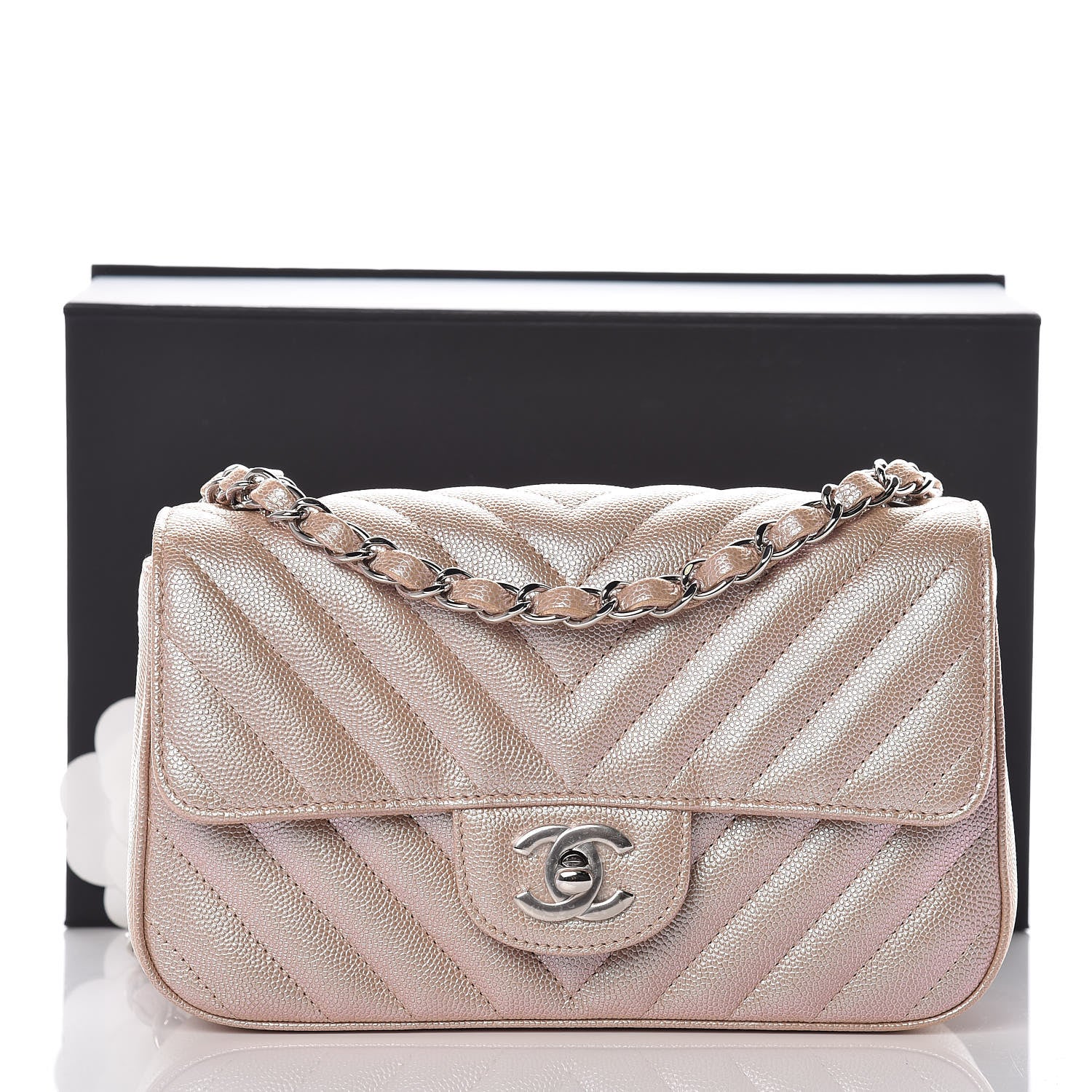 Chanel Iridescent Caviar Chevron Quilted Mini Rectangular Flap Light Gold 10 of 10