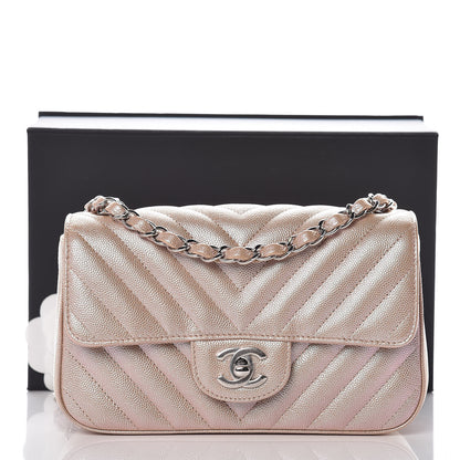 Chanel Iridescent Caviar Chevron Quilted Mini Rectangular Flap Light Gold 10 of 10