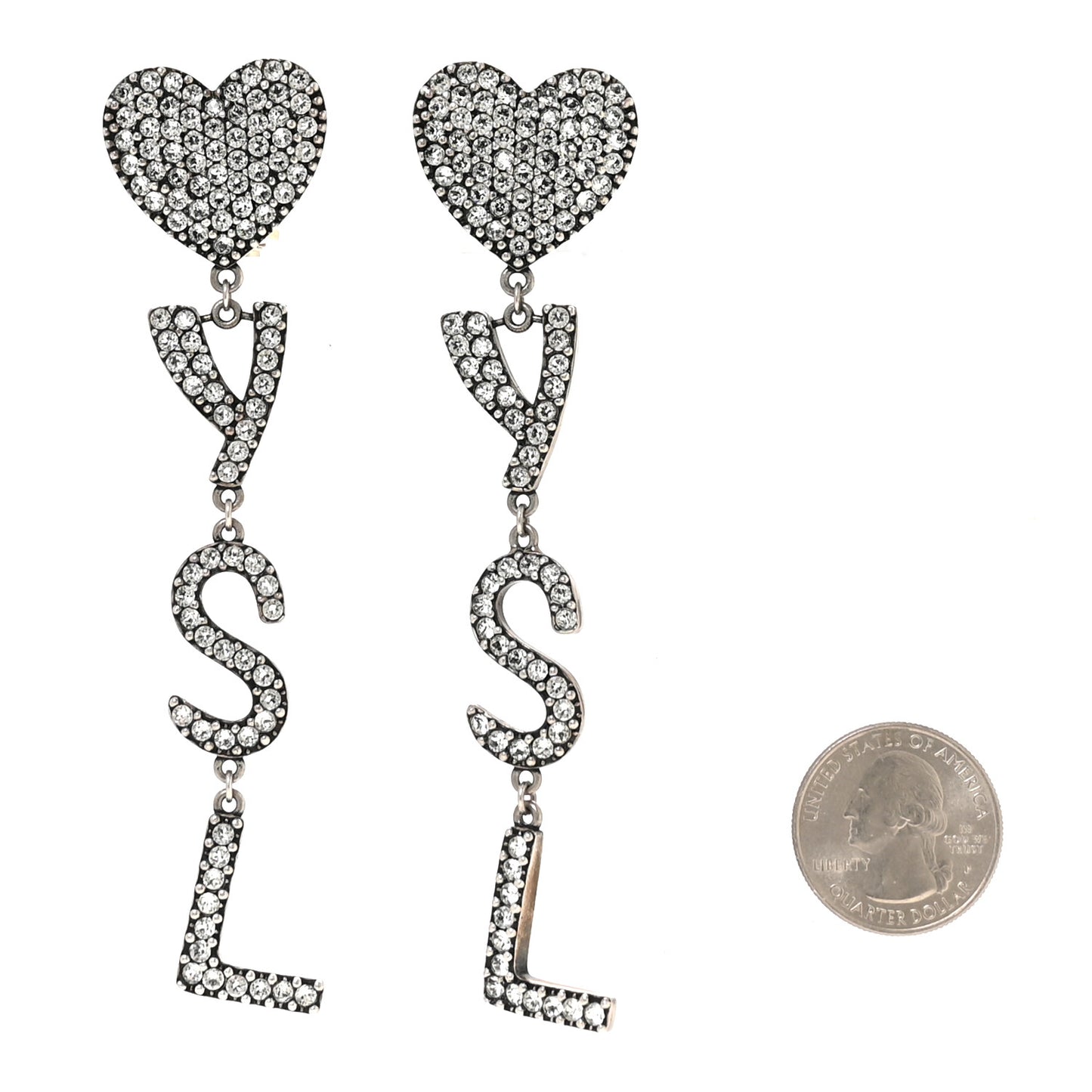 Brass Crystal Monogram Heart Drop Clip Earrings Silver Silver