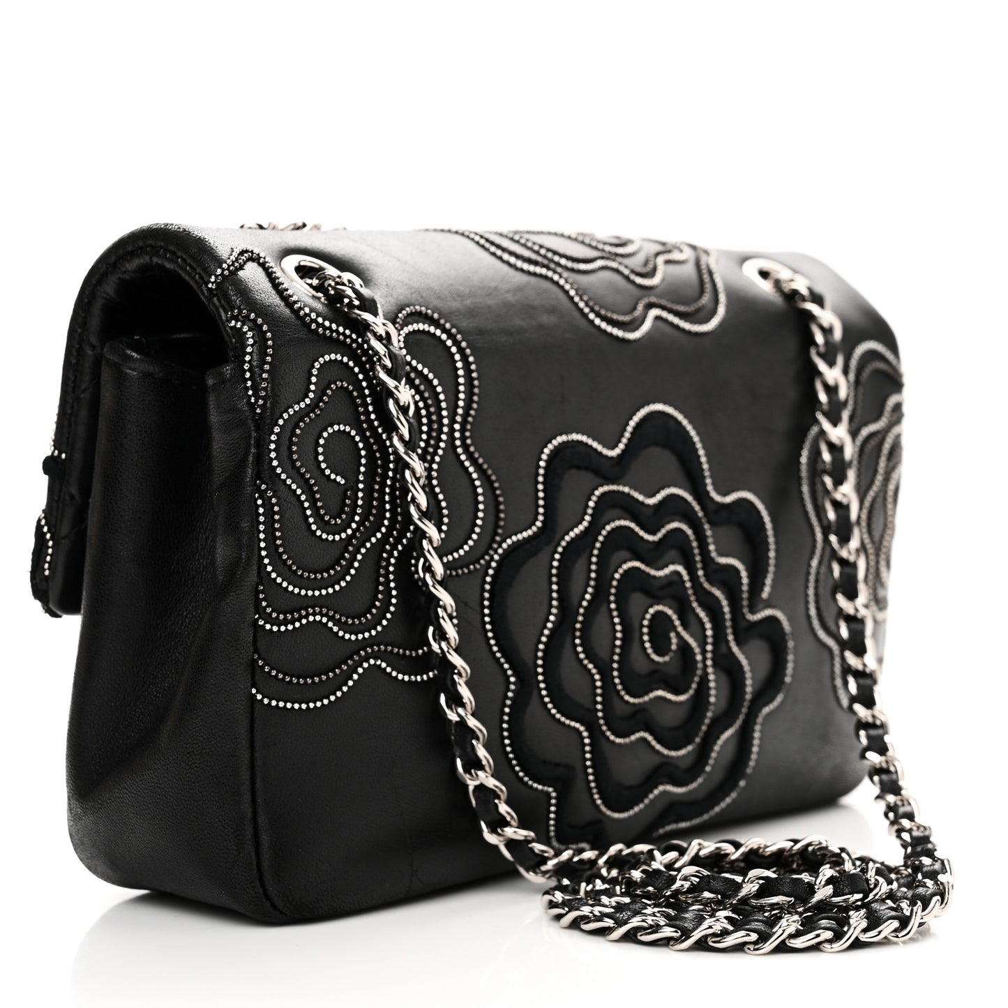 Lambskin Embroidered Camellia Follies Flap Black