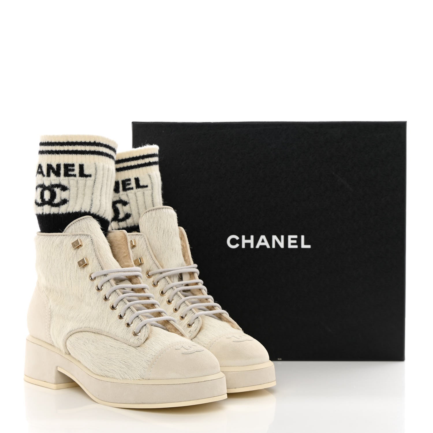 Chanel Suede Pony Hair Shearling Lace Up Combat Boots 40 White 11 of 11