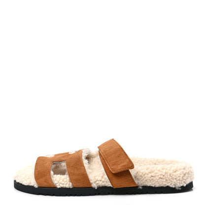 Hermes Suede Goatskin Woolskin Womens Chypre Sandals 40.5 Naturel Ecru 1 of 7