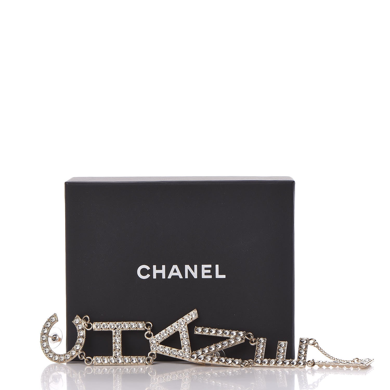 Chanel Crystal Cha-Nel Logo Drop Earrings Gold 5 of 5