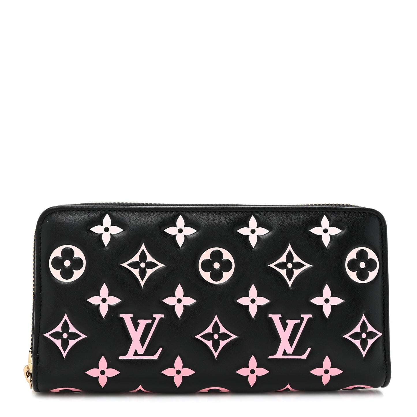 Lambskin Embossed Monogram LV Ski Coussin Zippy Wallet Black Pink