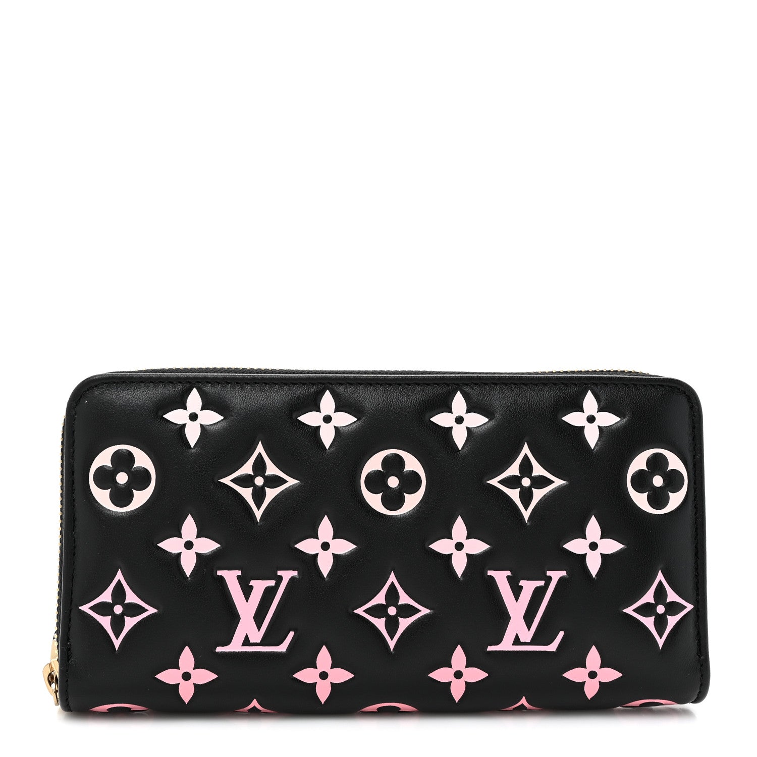 Louis Vuitton Lambskin Embossed Monogram LV Ski Coussin Zippy Wallet Black Pink 1 of 8