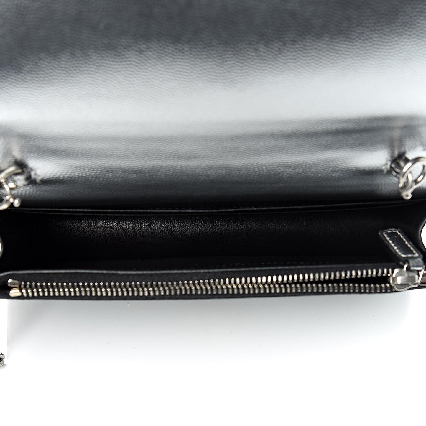 Metallic Grain De Poudre Kate Monogram Tassel Chain Wallet Silver