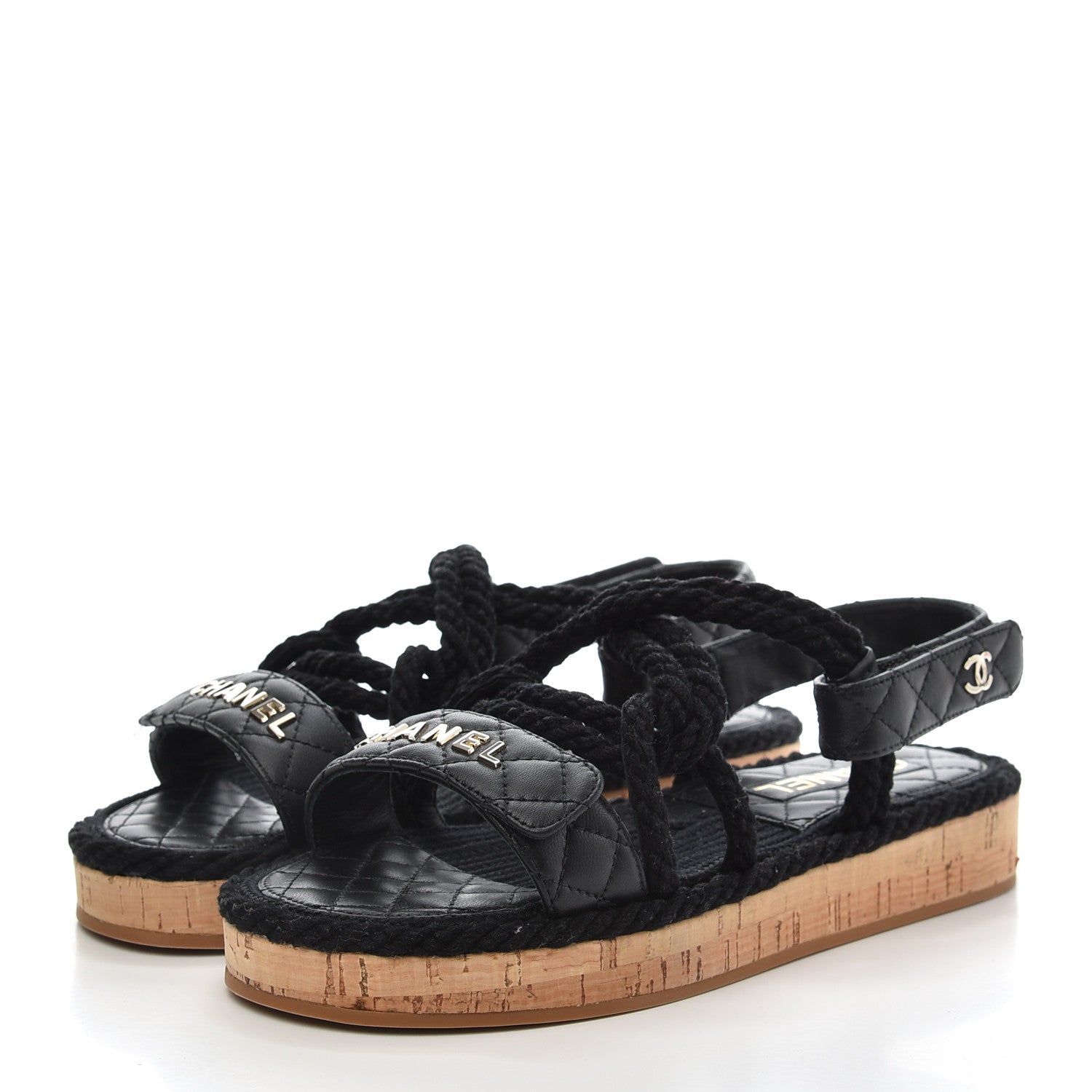 Chanel Cord Lambskin Quilted Logo Sandals 38 Black 3 of 8
