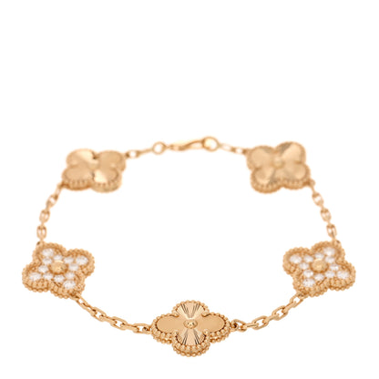 Van Cleef & Arpels 18K Yellow Gold Diamond 5 Motifs Guilloche Vintage Alhambra Bracelet 1 of 4